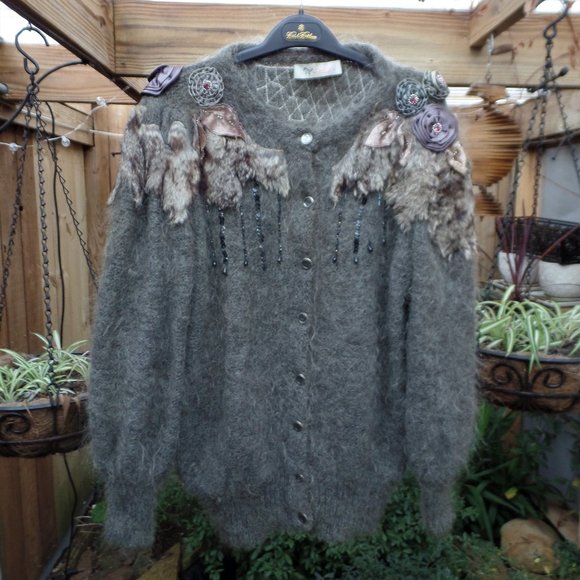 Pink Ribbon Sweaters - Vintage wool sweater – gray with fur & purple satin and velvet flowers & leaves